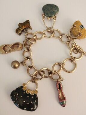 Juicy Couture Gold-Tone Enamel Charm Bracelet with 7 Black and Multicolor Charms